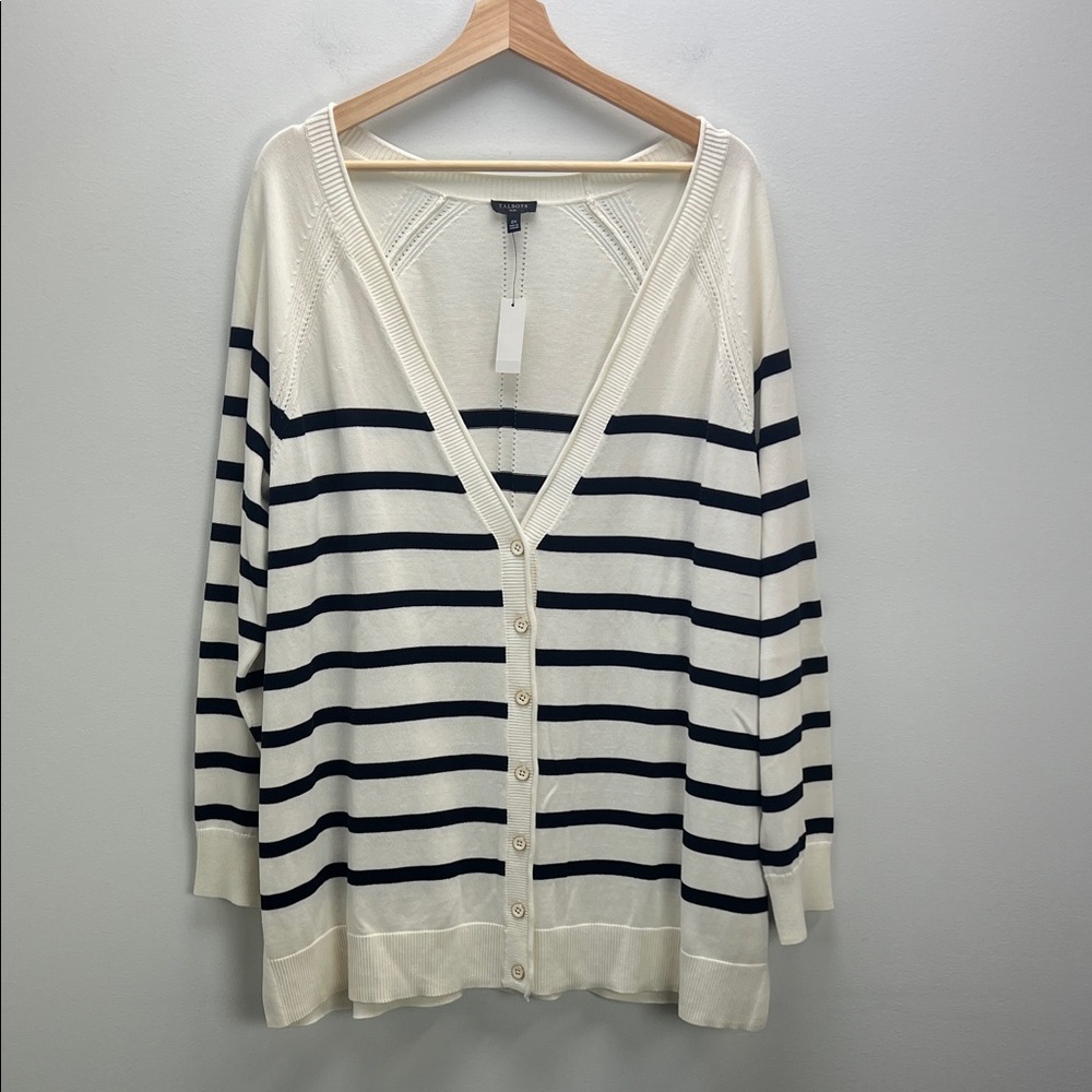 Talbots Cardigan Sweater Striped Blue Cream Womens 2X French Stripe Classic New